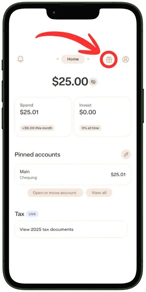 Wealthsimple app home screen showing referral gift icon